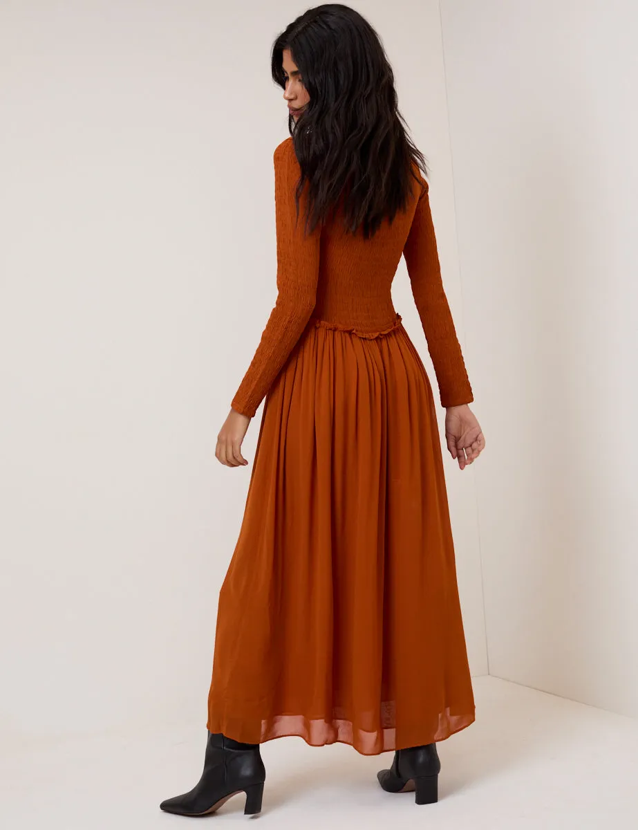 Burnt Orange Shirred Long Sleeve Sorelle Midi Dress sold by Nobody's Child product image thumbnail 5