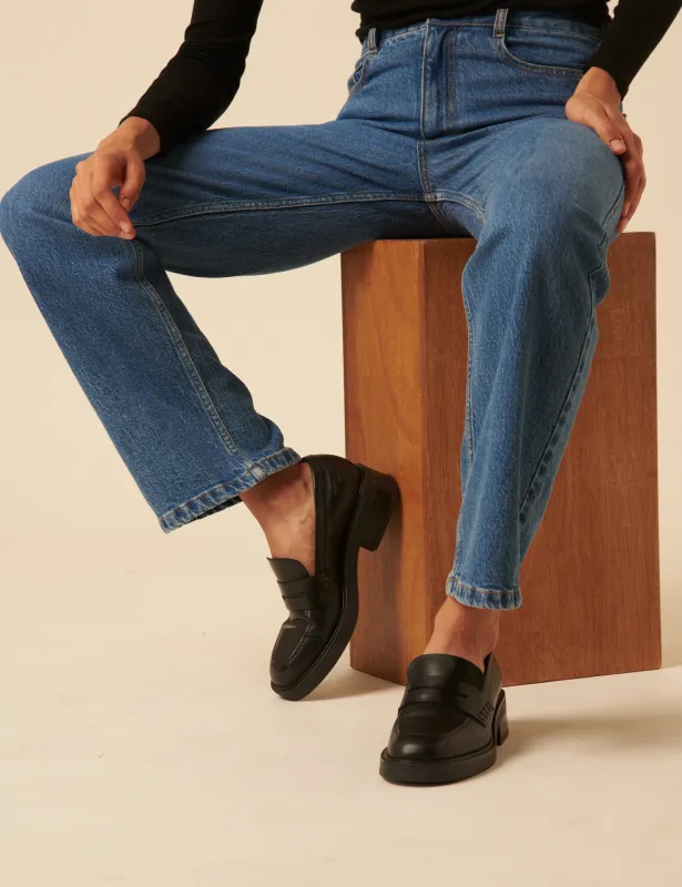 Black Leather Chunky Loafers sold by Nobody's Child