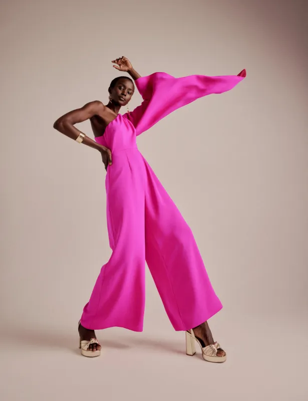 NC x Lisou Pink Crepe One Shoulder Jay Draped Jumpsuit sold by Nobody's Child