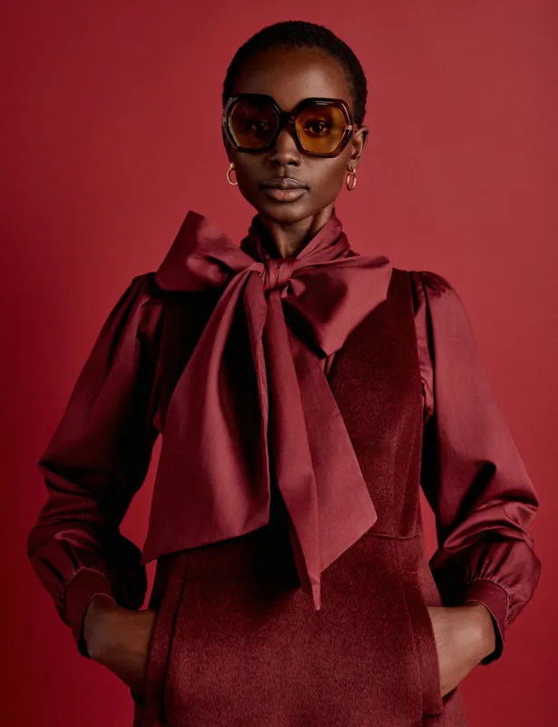 NC x Lisou Burgundy Satin Tie Neck Long Sleeve Blouse sold by Nobody's Child