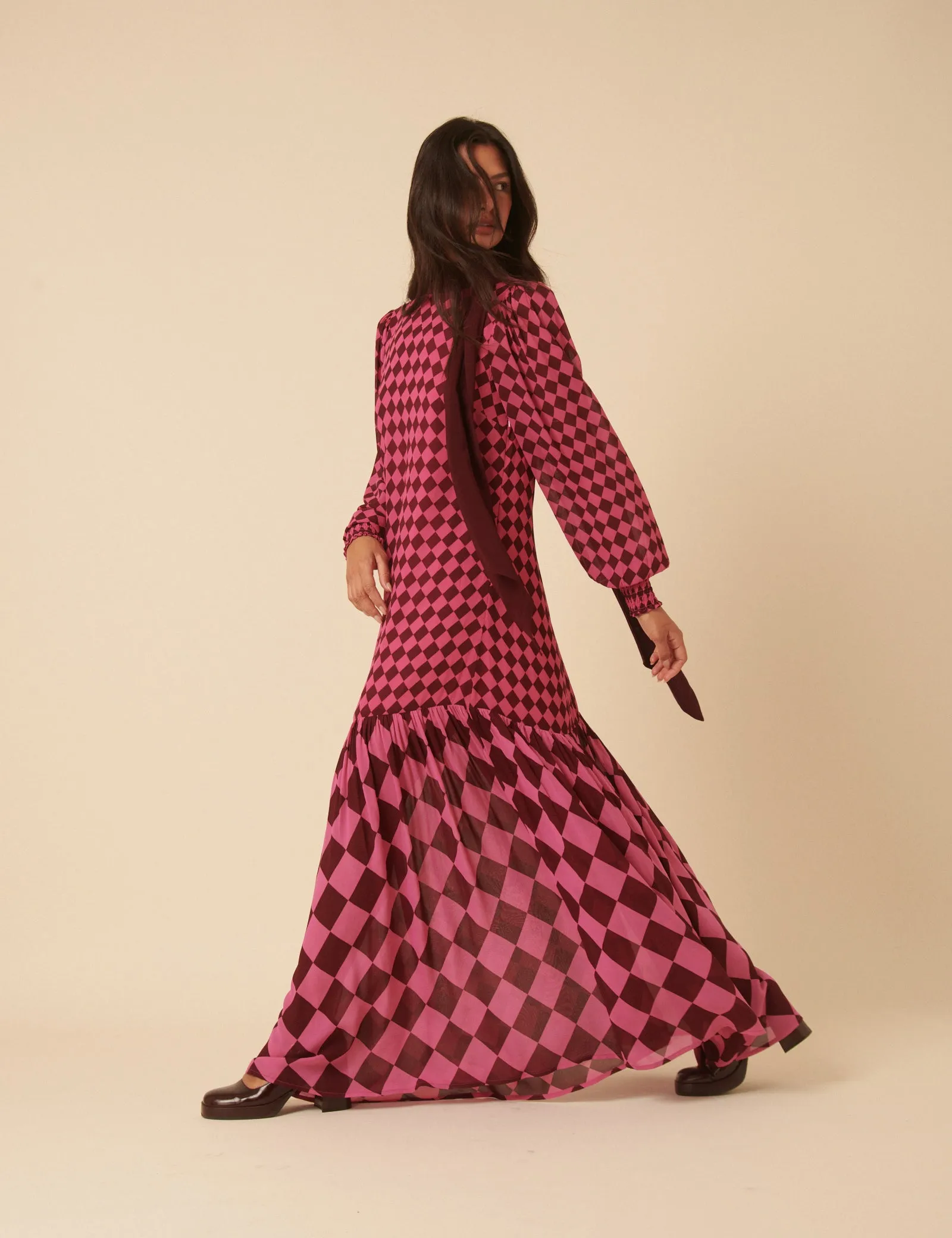 NC x Lisou Burgundy and Pink Printed Scarf Tiered Maxi Dress sold by Nobody's Child product image thumbnail 3