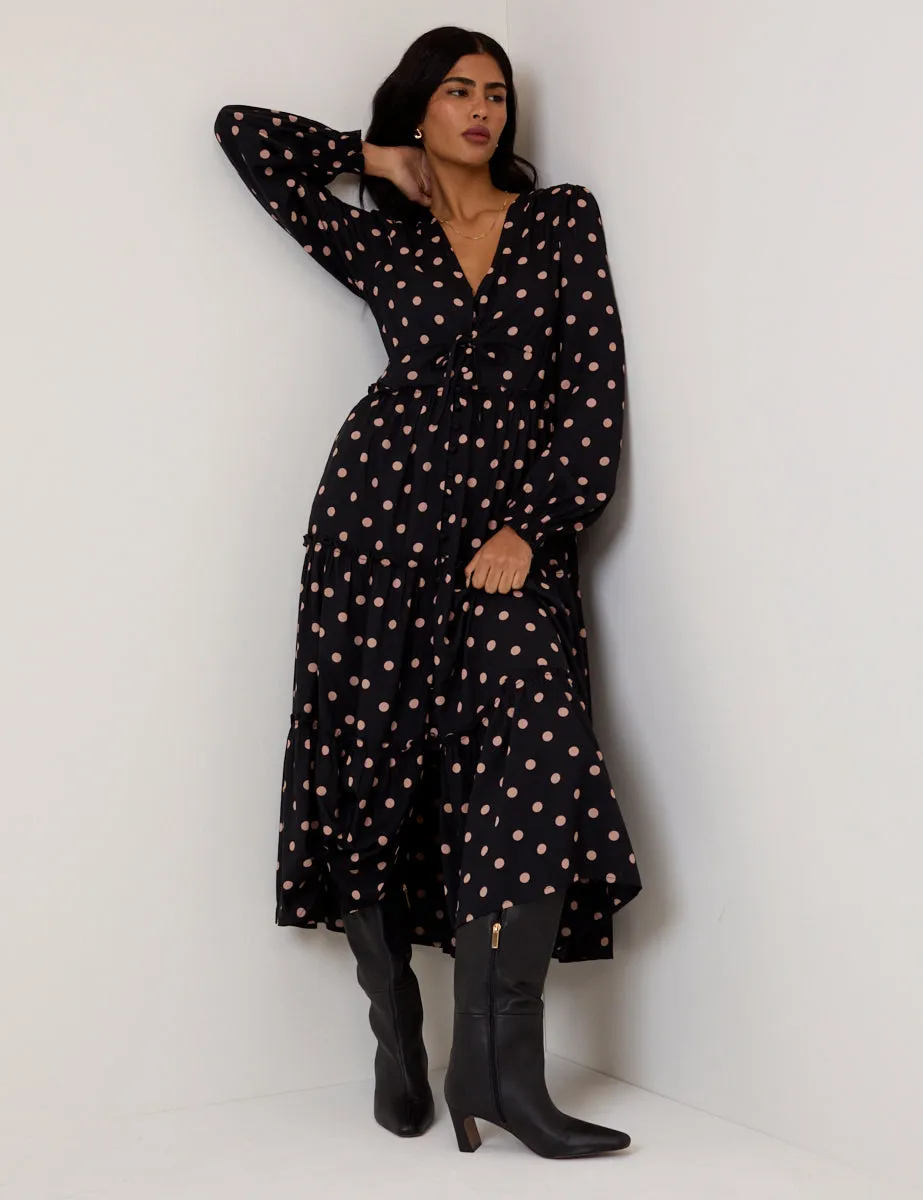 Black Polka Dot Balloon Sleeve Sofia Midi Dress sold by Nobody's Child product image thumbnail 3