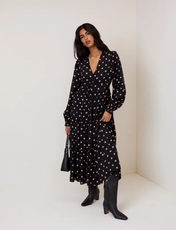 Black Polka Dot Balloon Sleeve Sofia Midi Dress sold by Nobody's Child