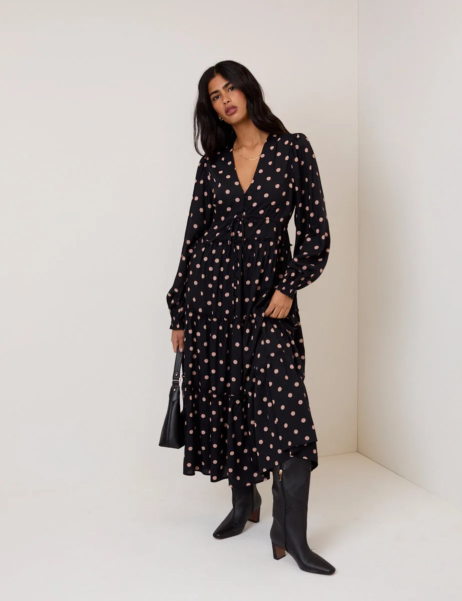 Black Polka Dot Balloon Sleeve Sofia Midi Dress sold by Nobody's Child