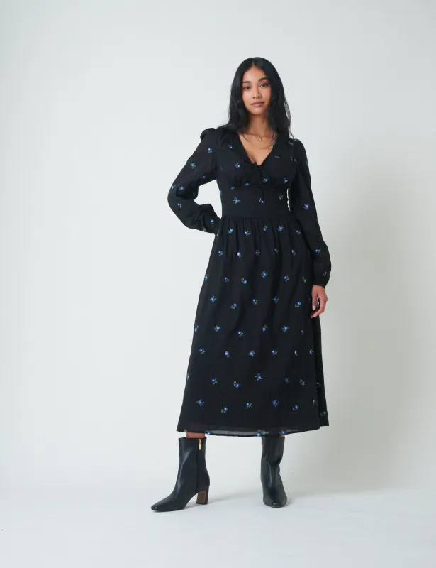 Navy Floral Embroidered Balloon Sleeve Alysia Midi Dress sold by Nobody's Child