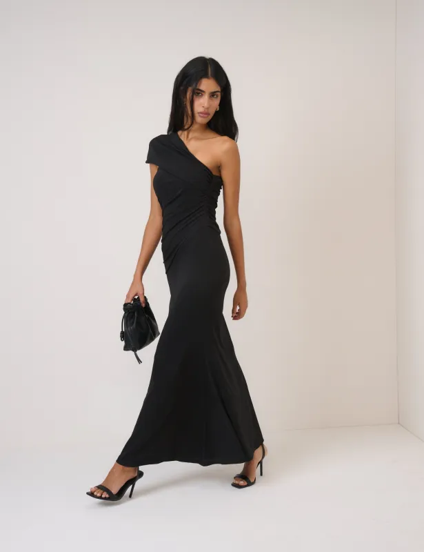 Black Asymmetric Jersey Dallas Midi Dress sold by Nobody's Child