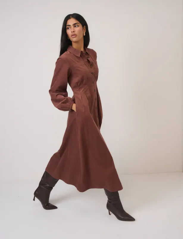 Brown Cord Balloon Sleeve Montego Midi Dress sold by Nobody's Child