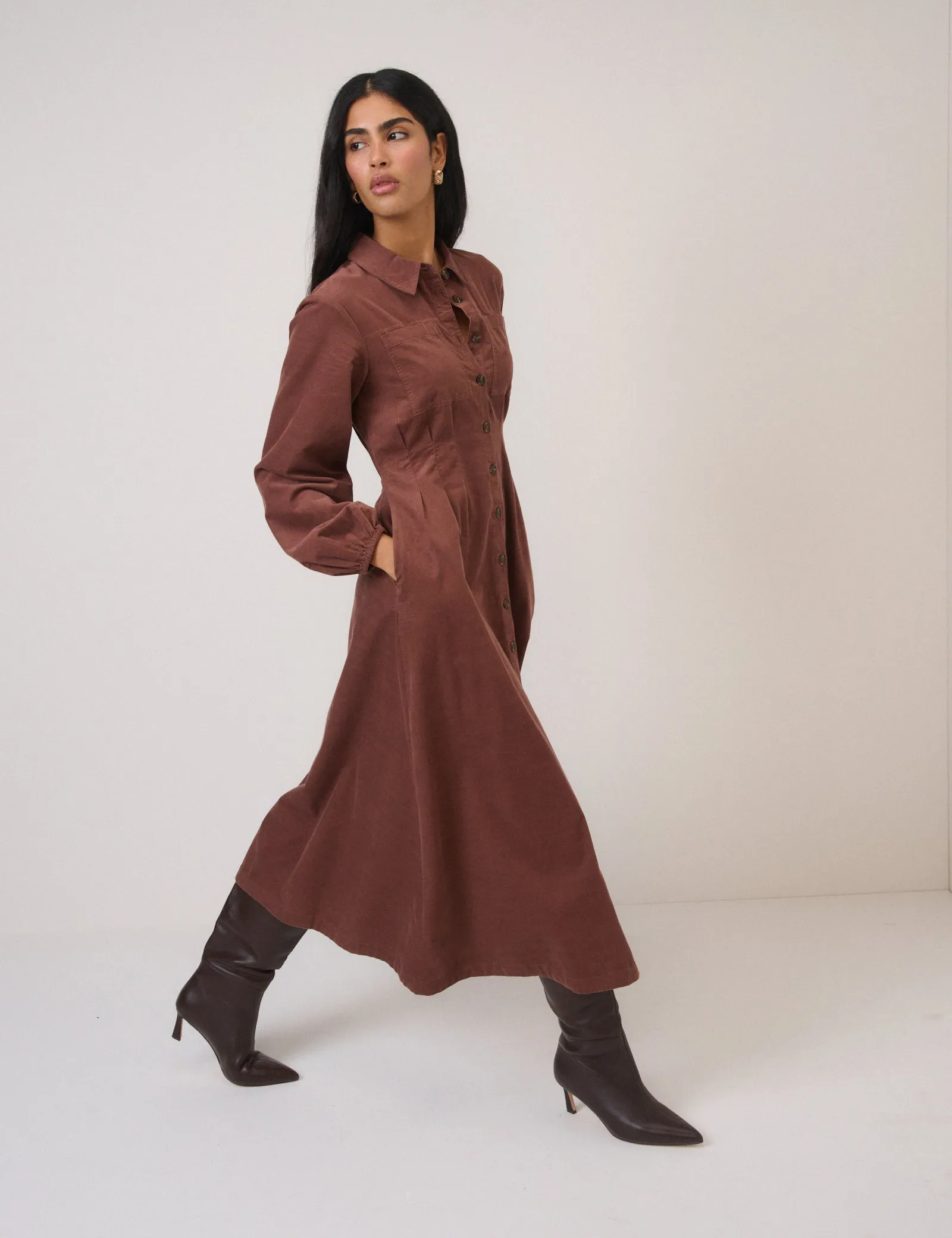 Brown Cord Balloon Sleeve Montego Midi Dress sold by Nobody's Child