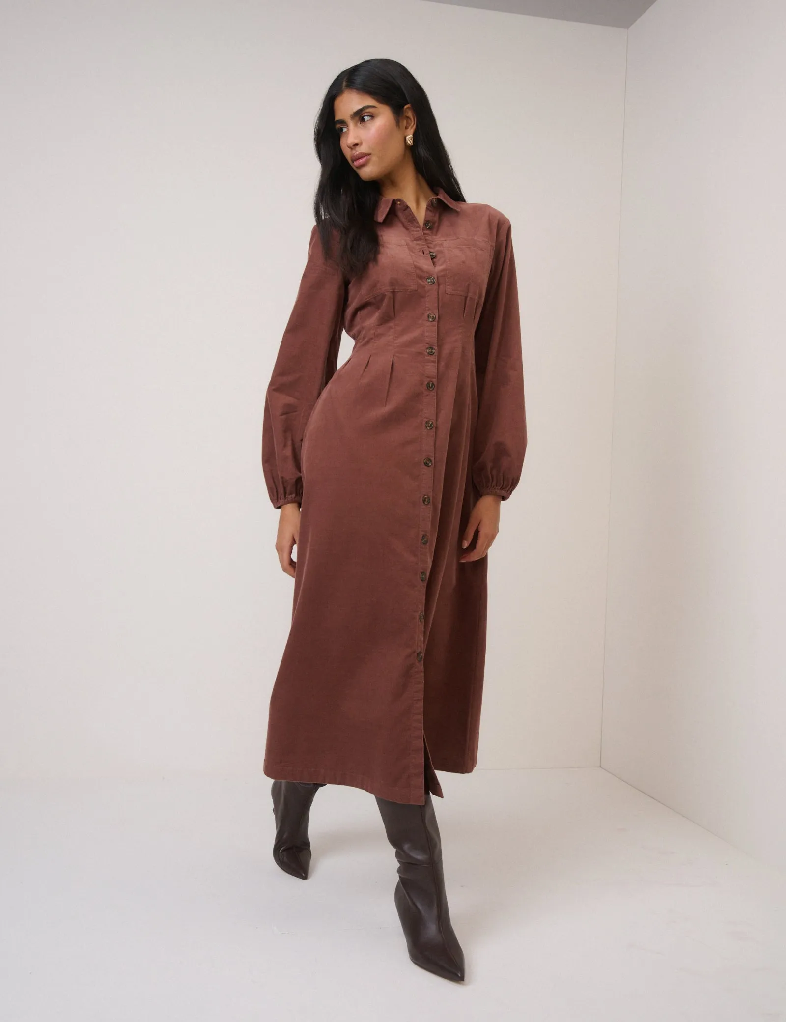Brown Cord Balloon Sleeve Montego Midi Dress sold by Nobody's Child product image thumbnail 3