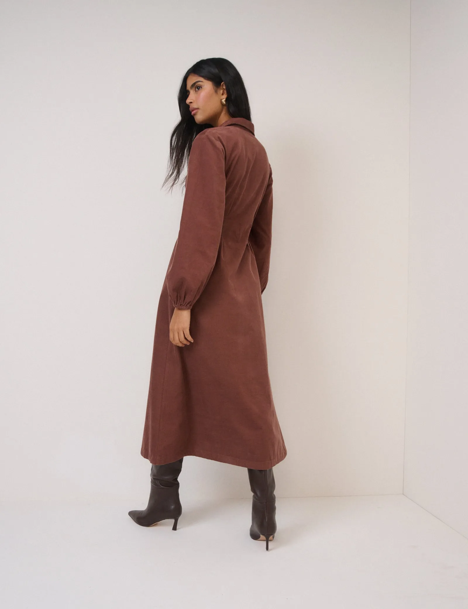 Brown Cord Balloon Sleeve Montego Midi Dress sold by Nobody's Child product image thumbnail 5