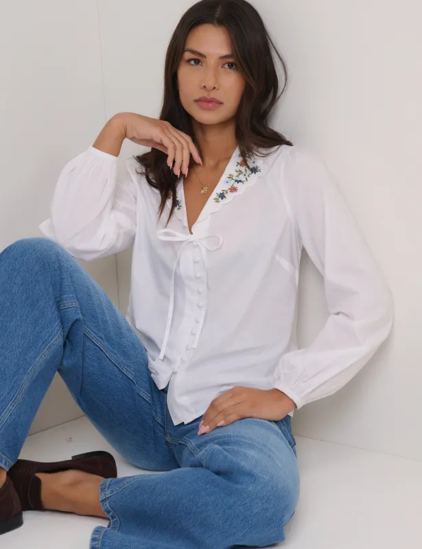 White Floral Embroidered Collar Blouse sold by Nobody's Child