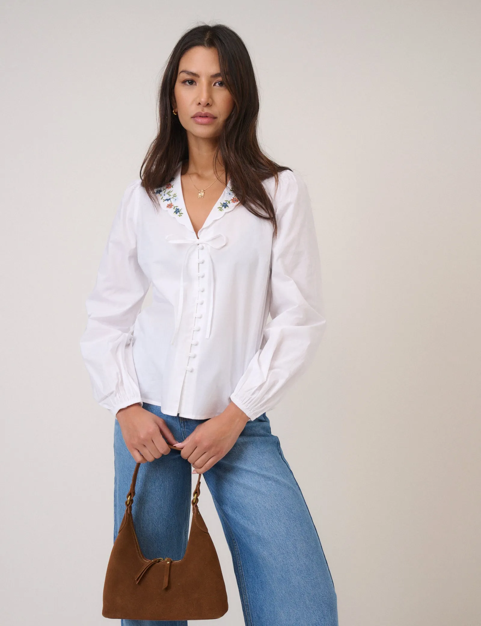 White Floral Embroidered Collar Blouse sold by Nobody's Child product image thumbnail 2