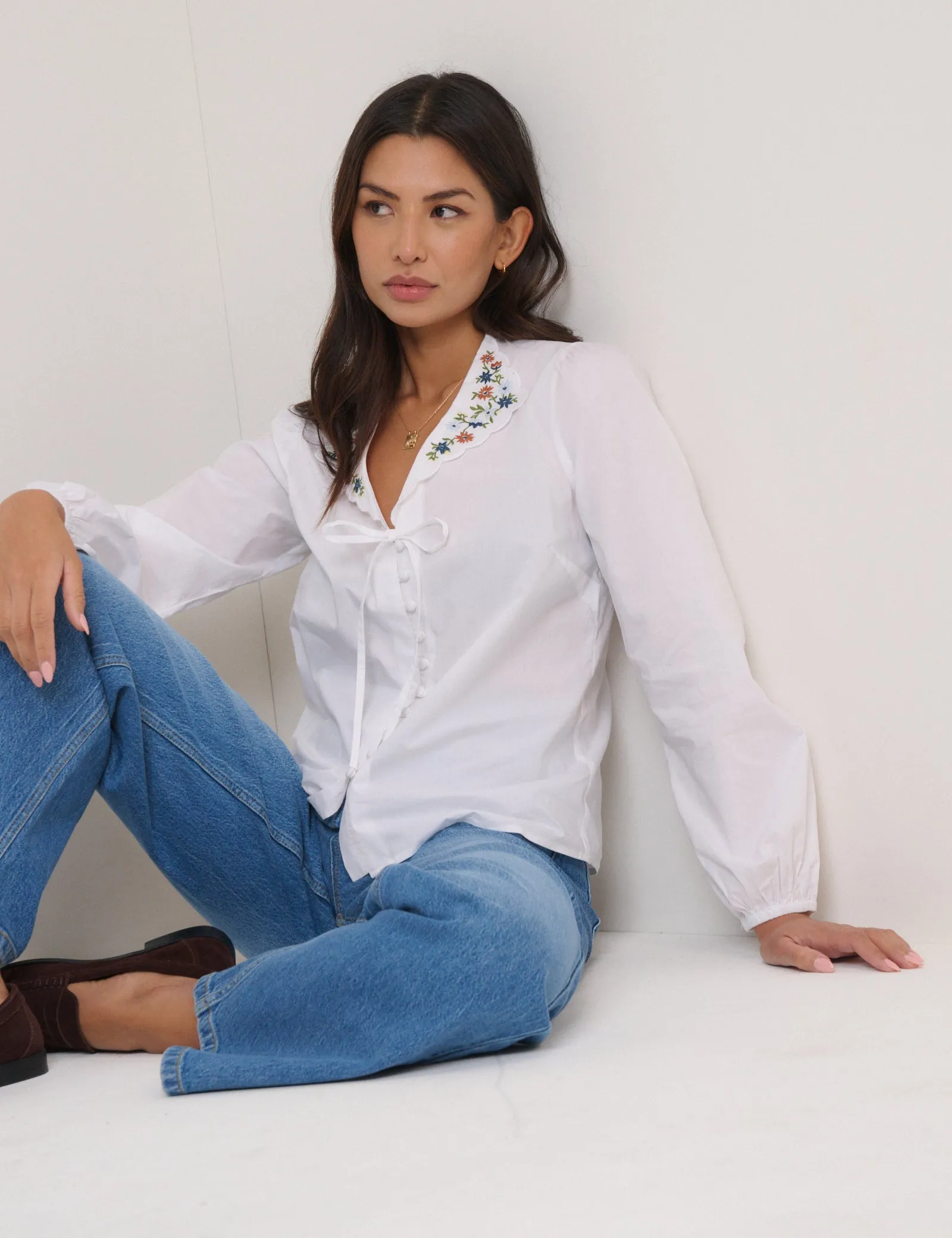 White Floral Embroidered Collar Blouse sold by Nobody's Child product image thumbnail 3