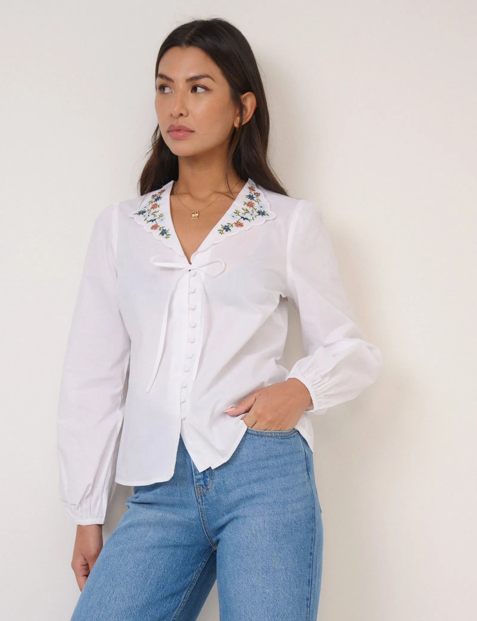 White Floral Embroidered Collar Blouse sold by Nobody's Child product image thumbnail 4