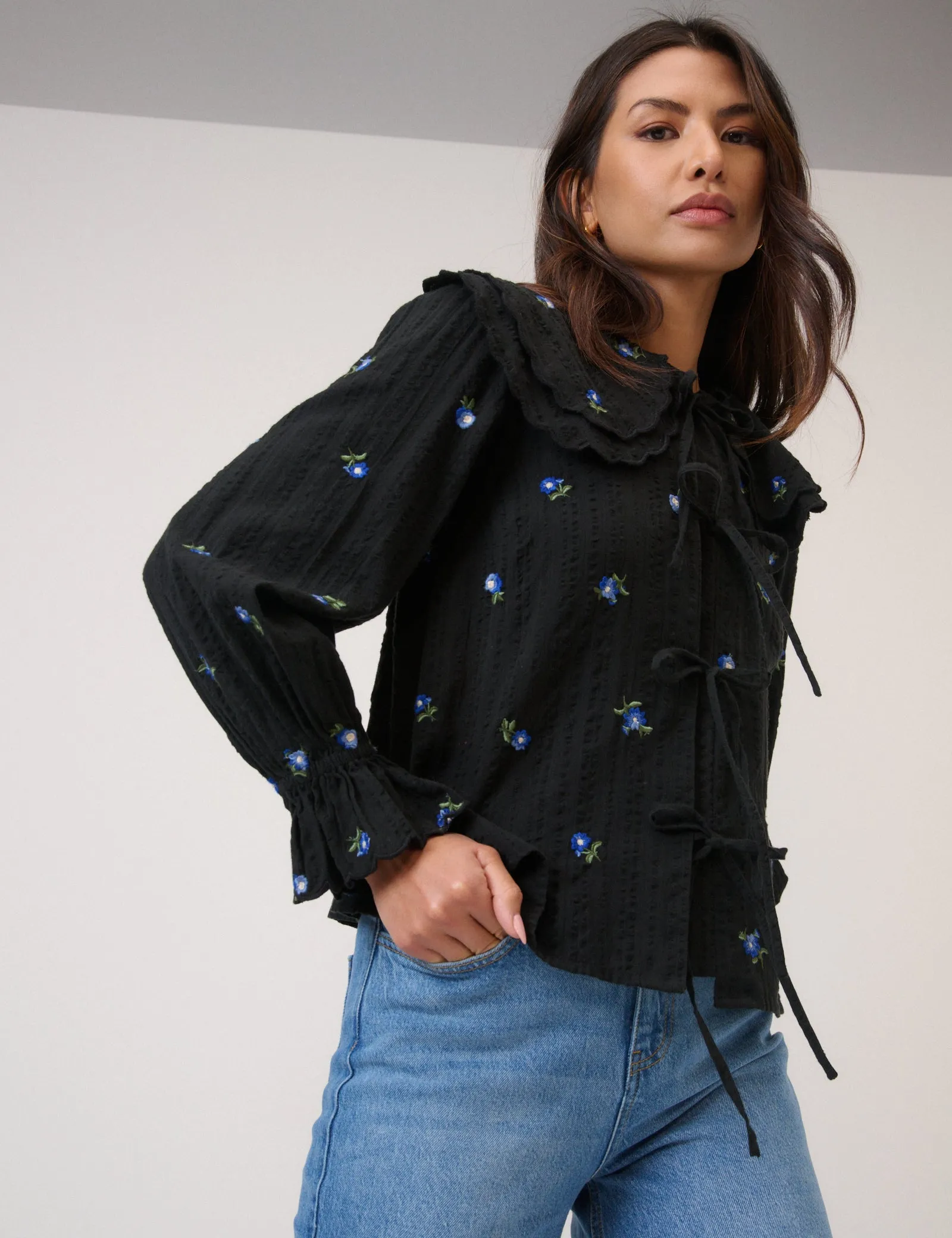 Navy Floral Embroidered Tie Front Top sold by Nobody's Child product image thumbnail 3