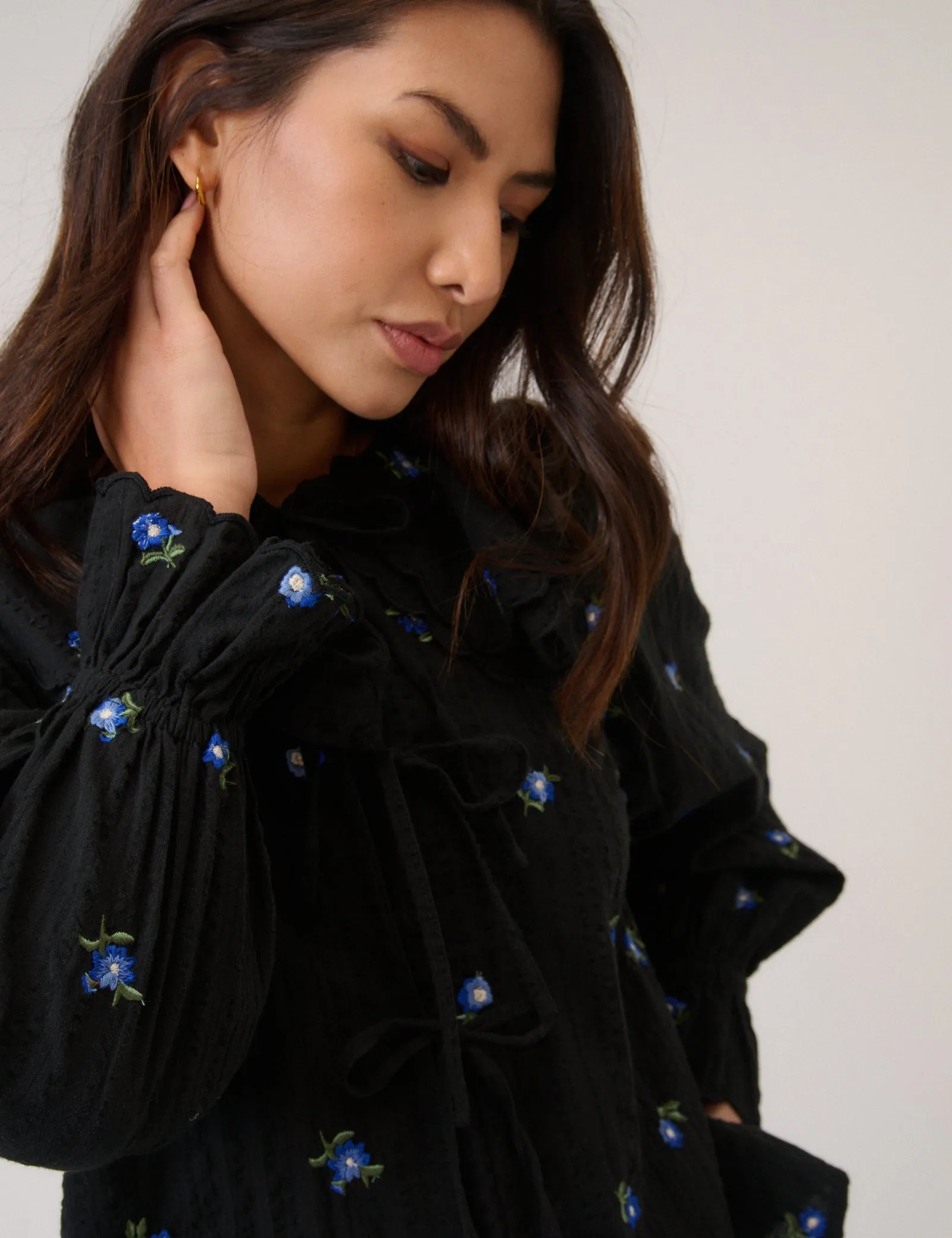 Navy Floral Embroidered Tie Front Top sold by Nobody's Child product image thumbnail 4