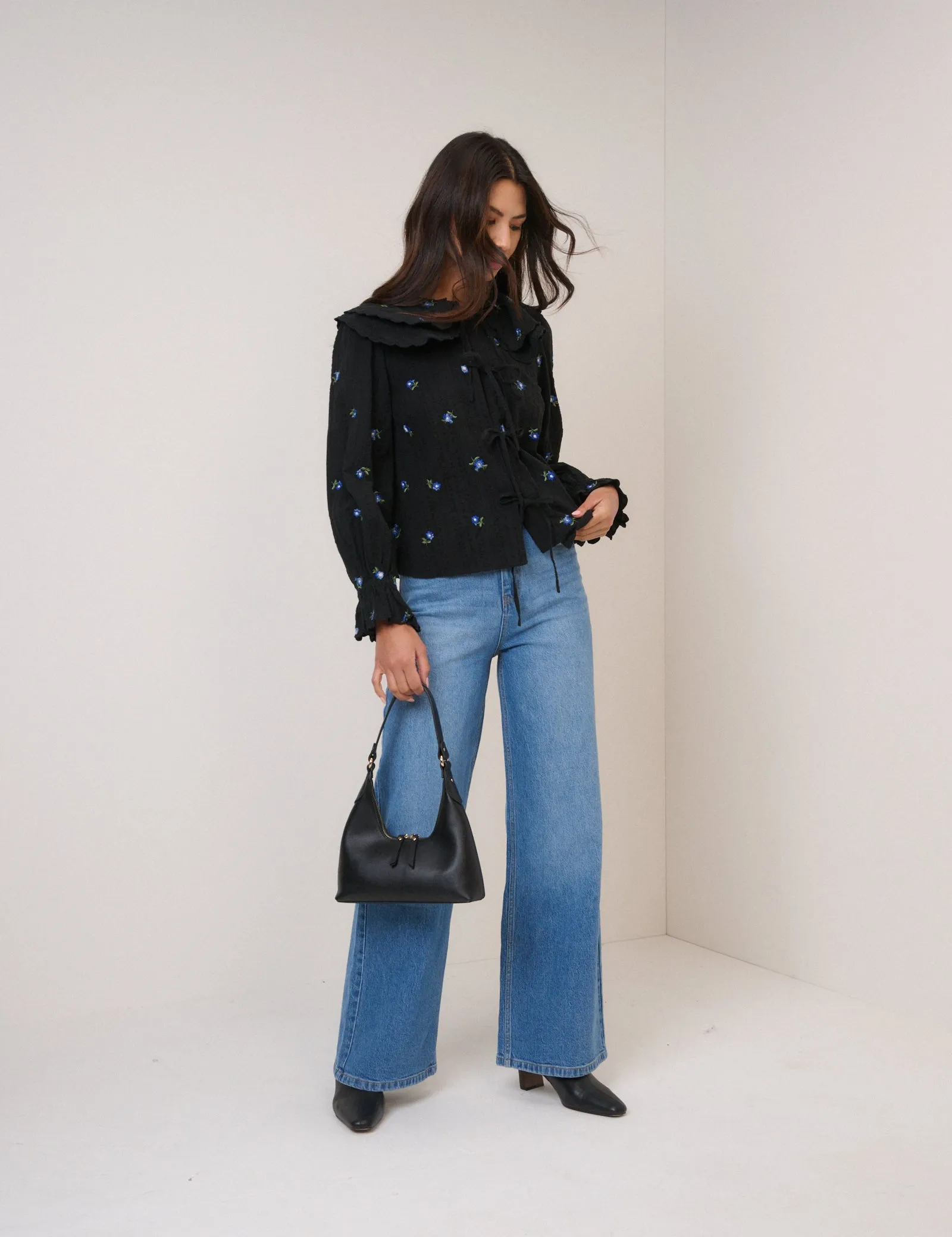 Navy Floral Embroidered Tie Front Top sold by Nobody's Child product image thumbnail 2