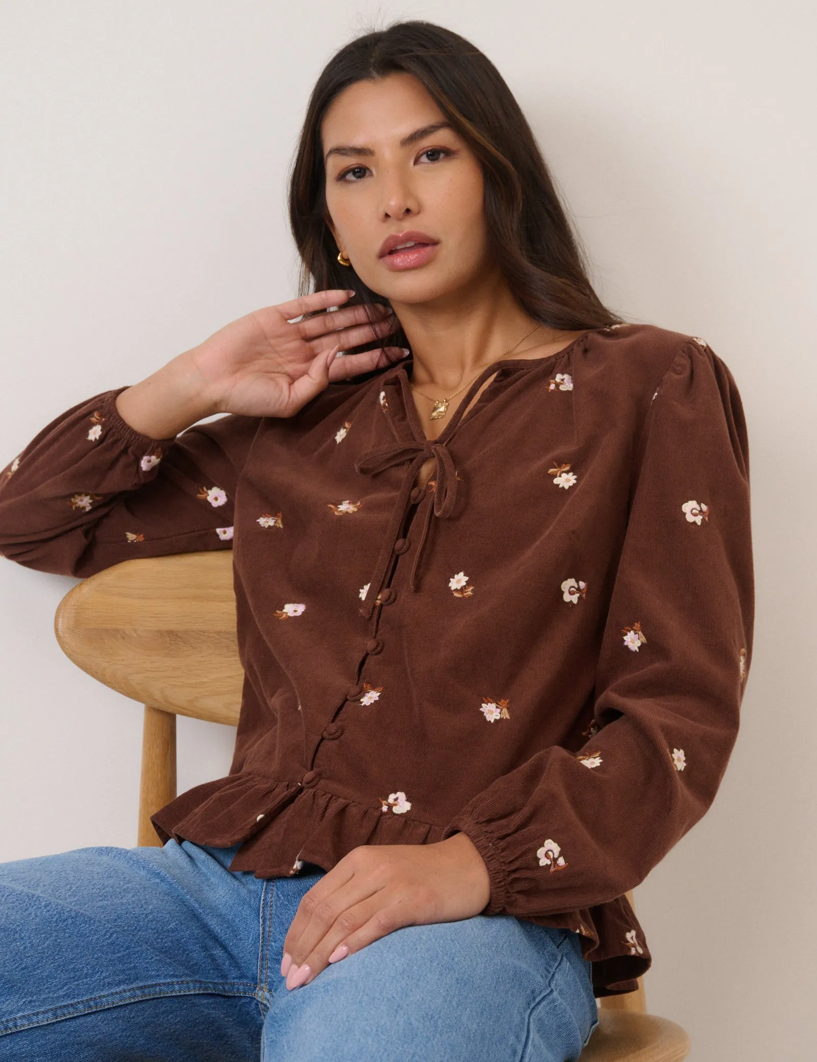 Brown Cord Floral Embroidered Frill Blouse sold by Nobody's Child