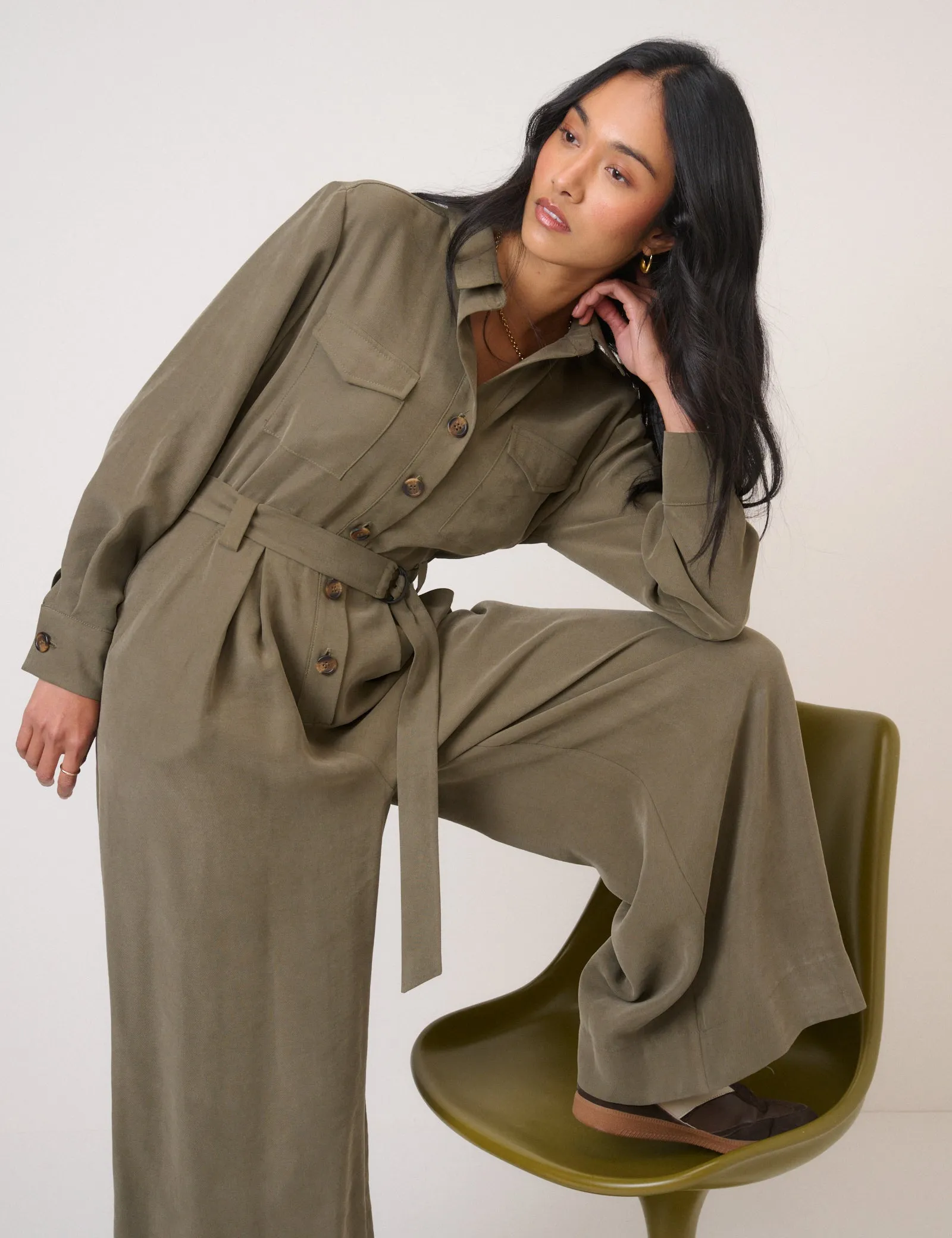 Khaki Twill Tie Waist Jumpsuit sold by Nobody's Child