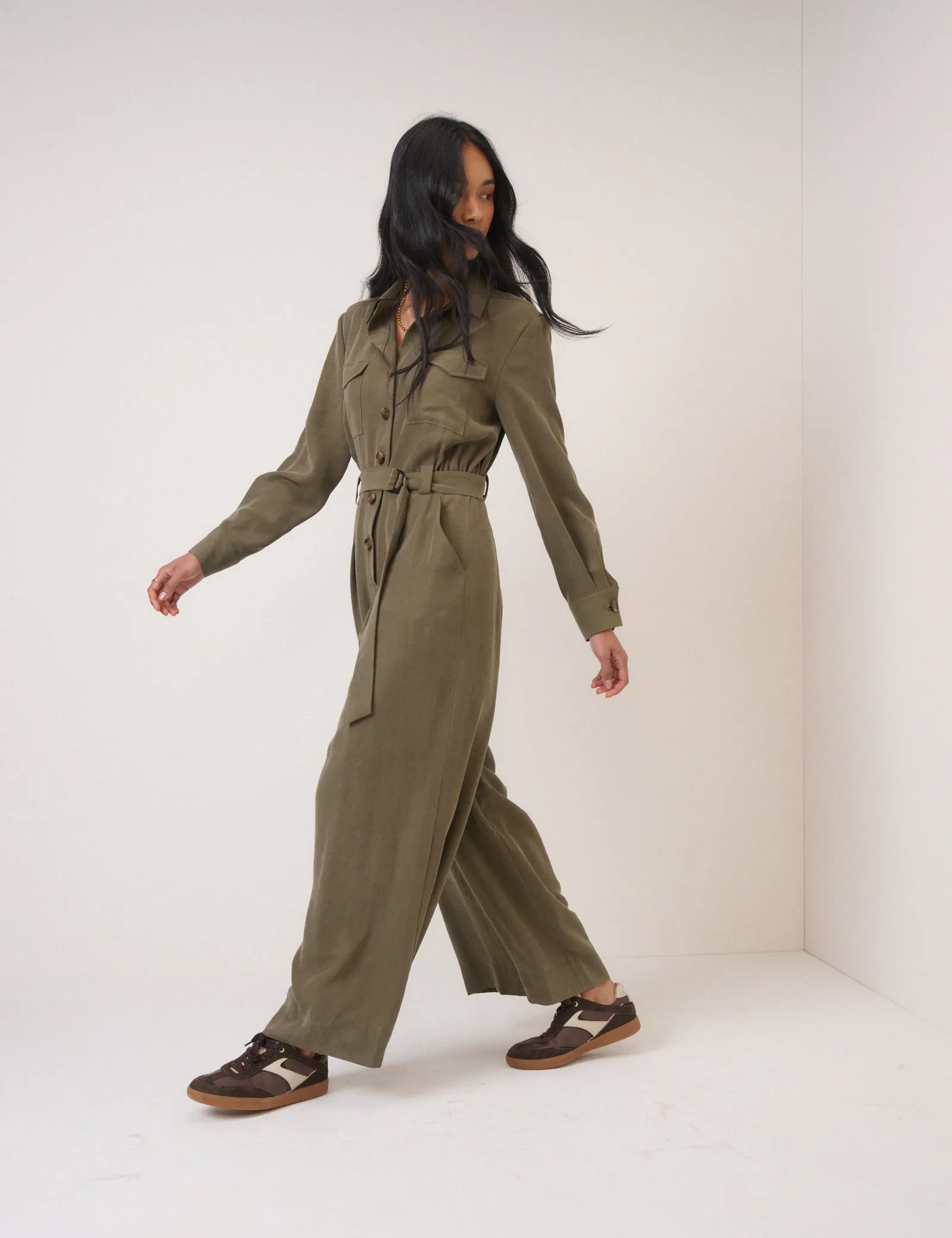Khaki Twill Tie Waist Jumpsuit sold by Nobody's Child product image thumbnail 4