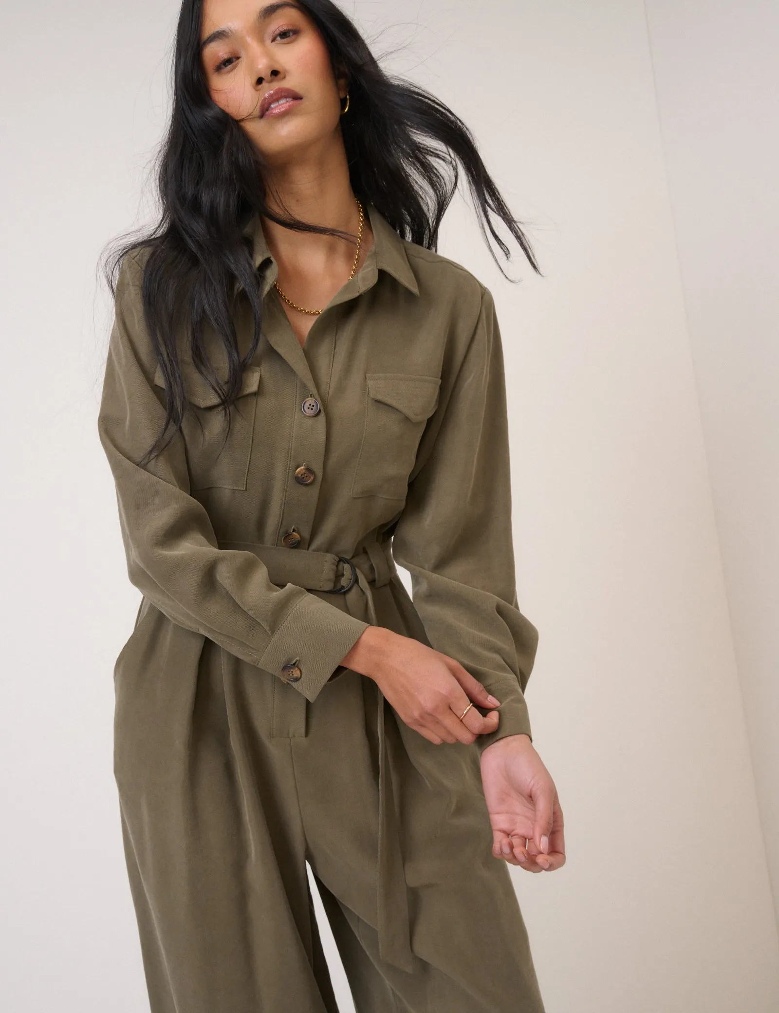Khaki Twill Tie Waist Jumpsuit sold by Nobody's Child product image thumbnail 3
