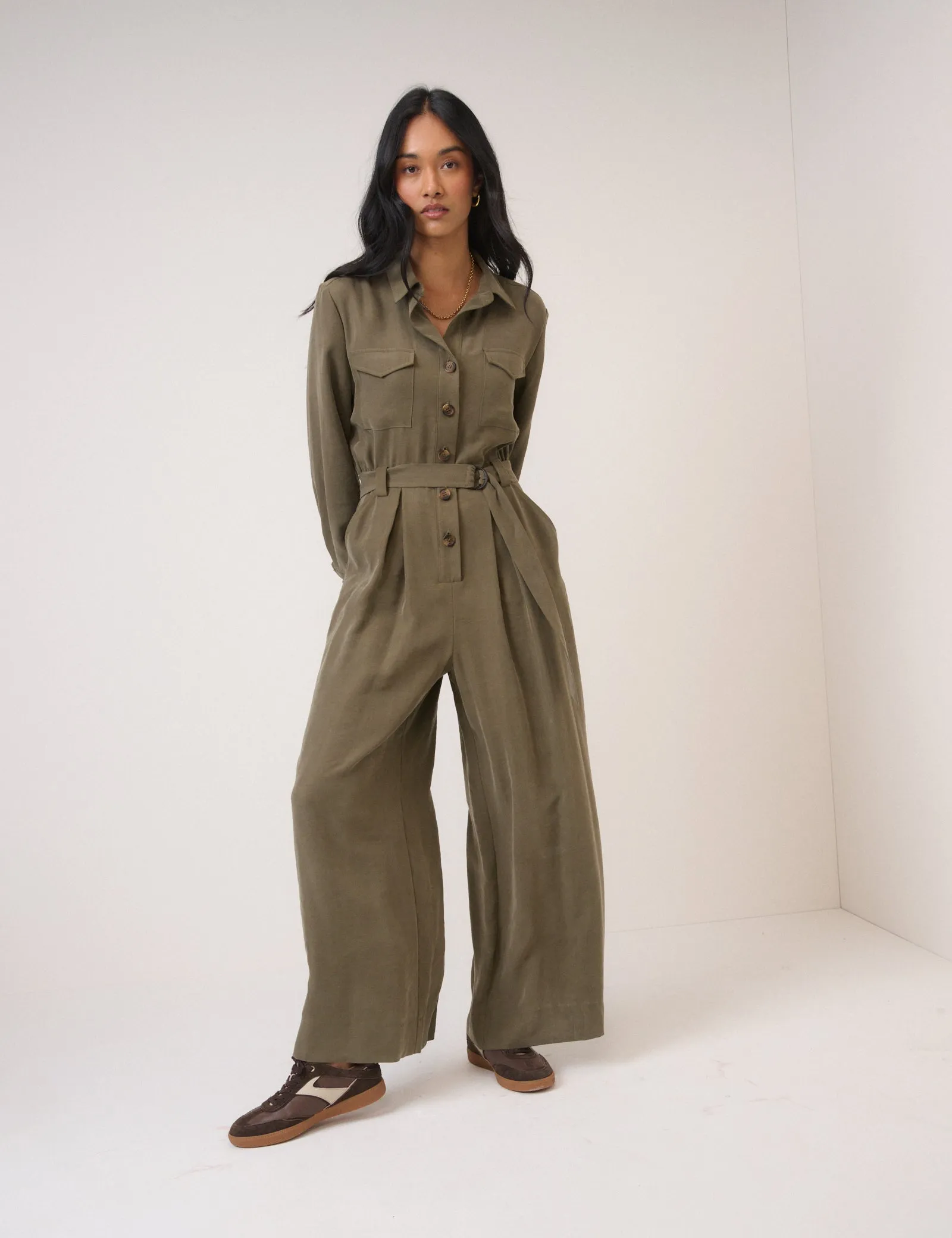 Khaki Twill Tie Waist Jumpsuit sold by Nobody's Child product image thumbnail 2