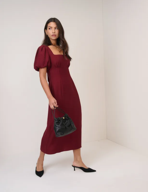 Burgundy Puff Sleeve Pax Midi Dress sold by Nobody's Child