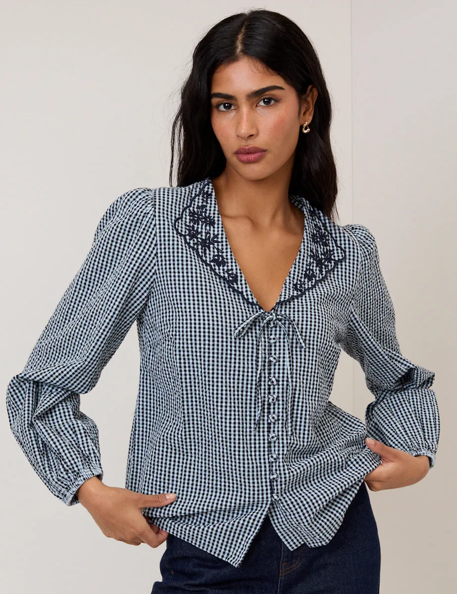 Navy Gingham Embroidered Collared Blouse sold by Nobody's Child product image thumbnail 5