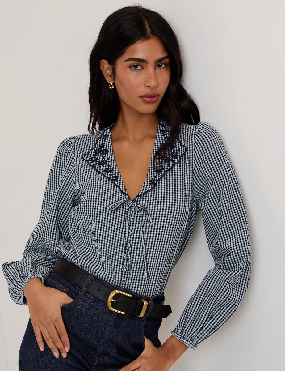 Navy Gingham Embroidered Collared Blouse sold by Nobody's Child product image thumbnail 2