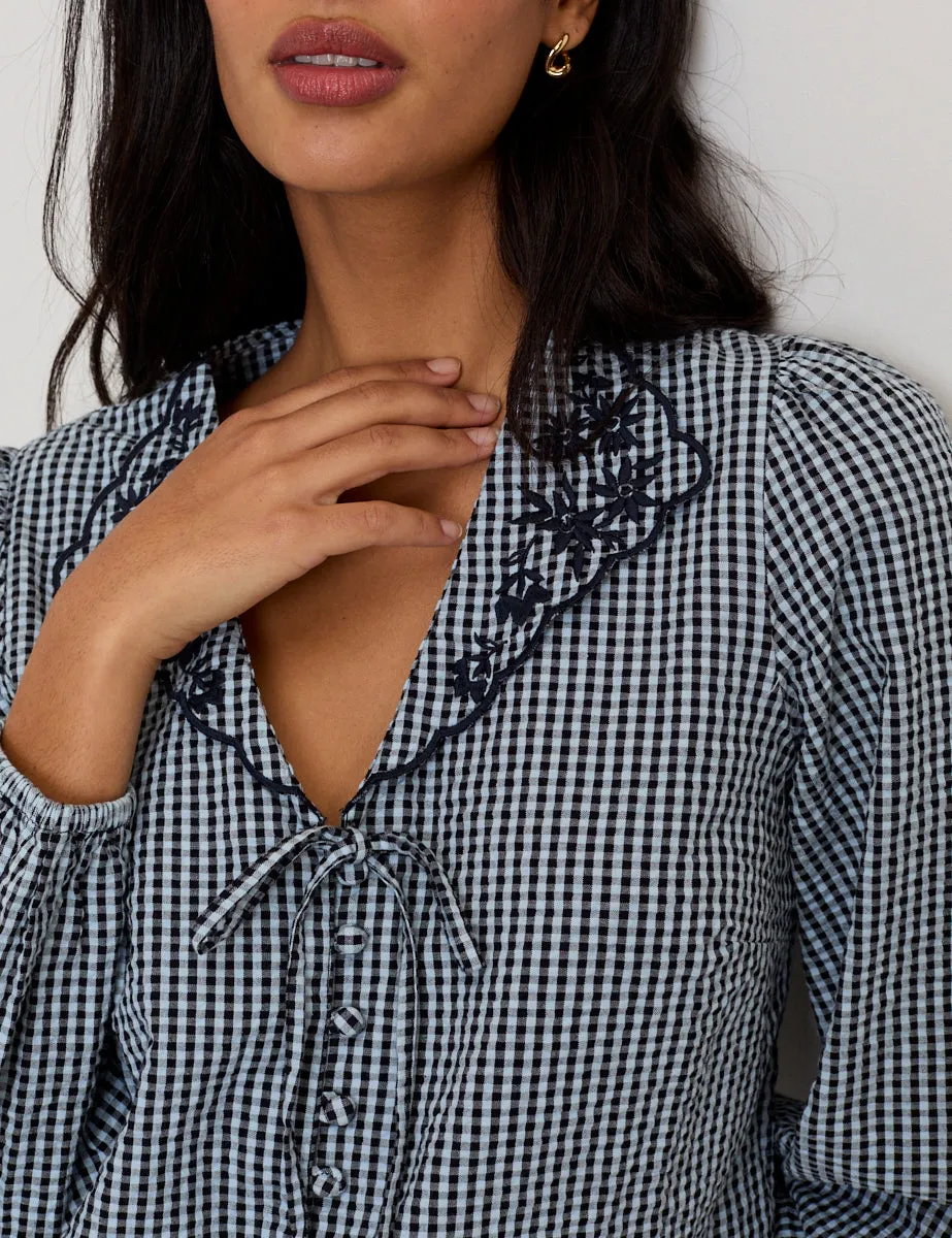 Navy Gingham Embroidered Collared Blouse sold by Nobody's Child product image thumbnail 4