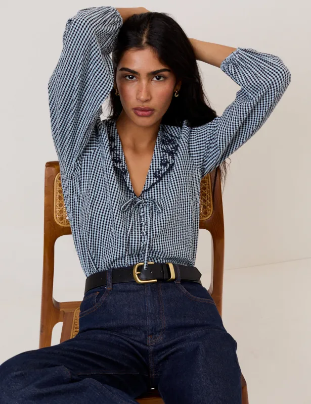 Navy Gingham Embroidered Collared Blouse sold by Nobody's Child