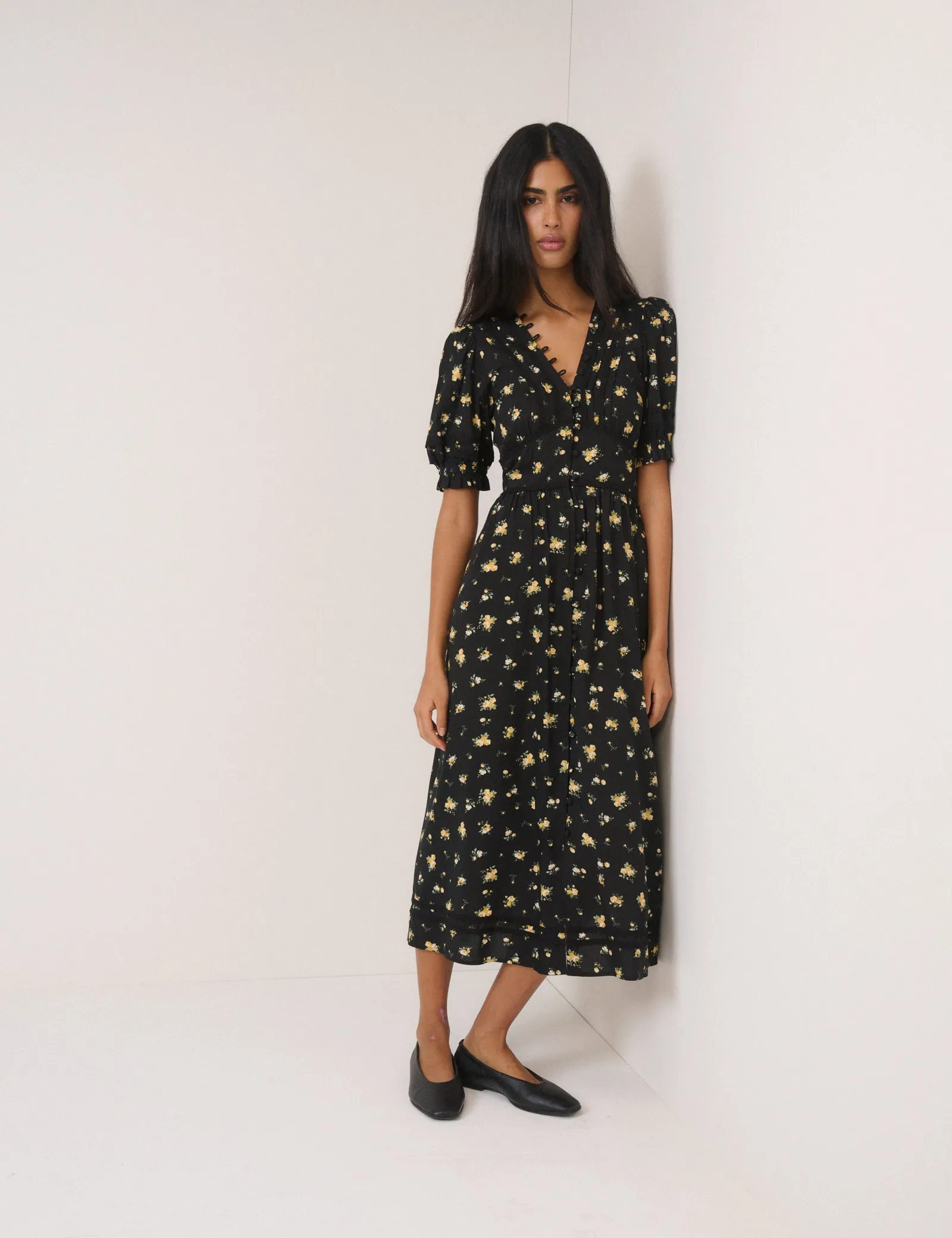 Black Floral Saffy Midi Dress sold by Nobody's Child