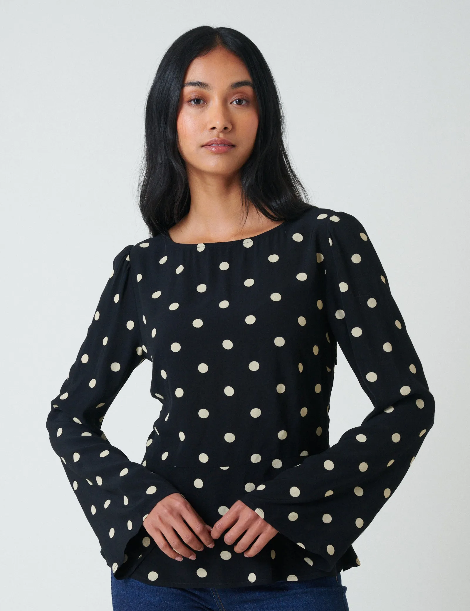 Black Polka Dot Flute Sleeve Blouse sold by Nobody's Child product image thumbnail 4