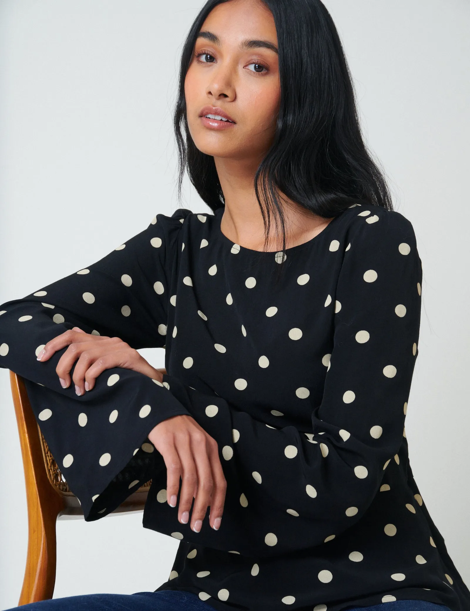 Black Polka Dot Flute Sleeve Blouse sold by Nobody's Child product image thumbnail 3