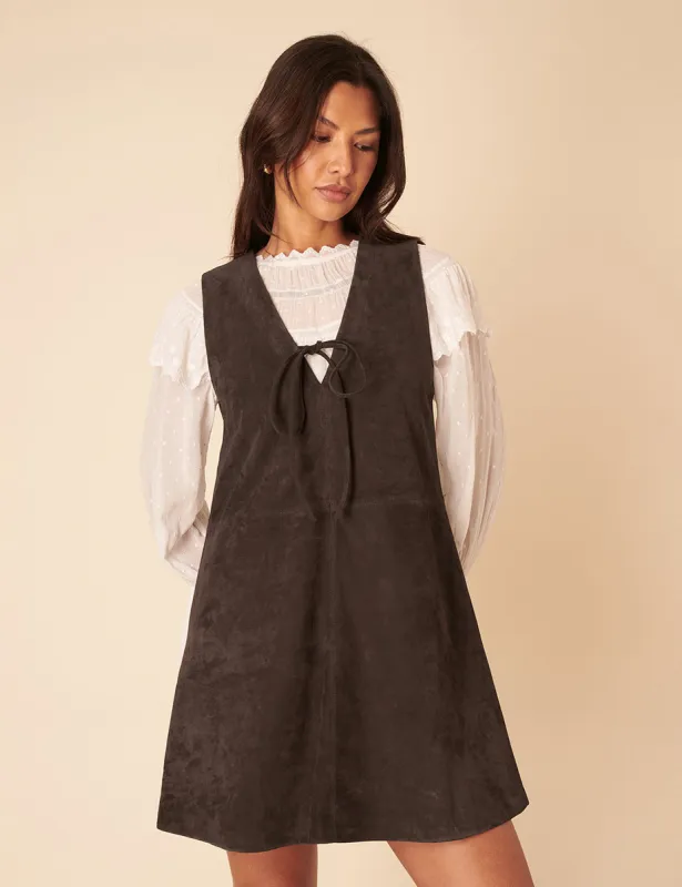 Dark Brown Suede Mini Pinafore Dress sold by Nobody's Child