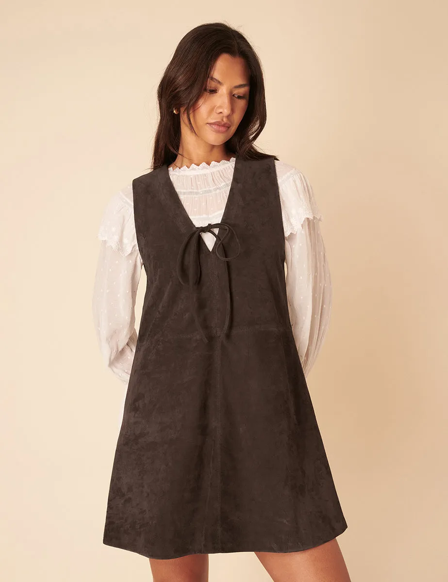Dark Brown Suede Mini Pinafore Dress sold by Nobody's Child