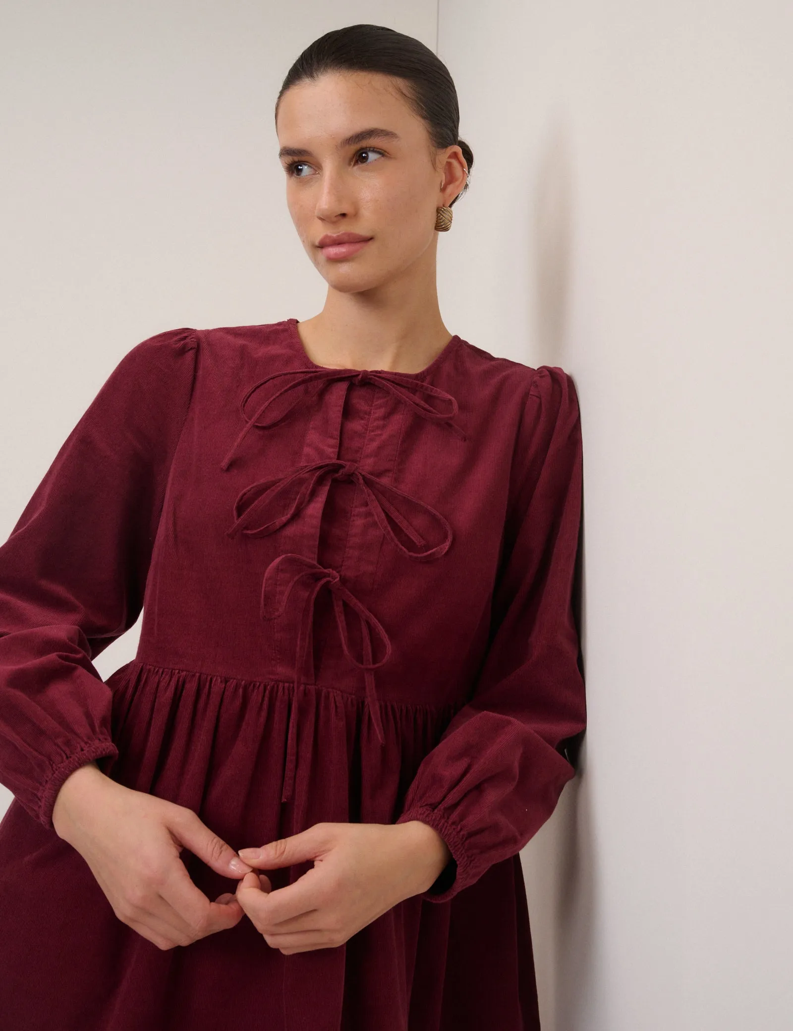 Burgundy Cord Tie Front Eden Mini Dress sold by Nobody's Child product image thumbnail 2