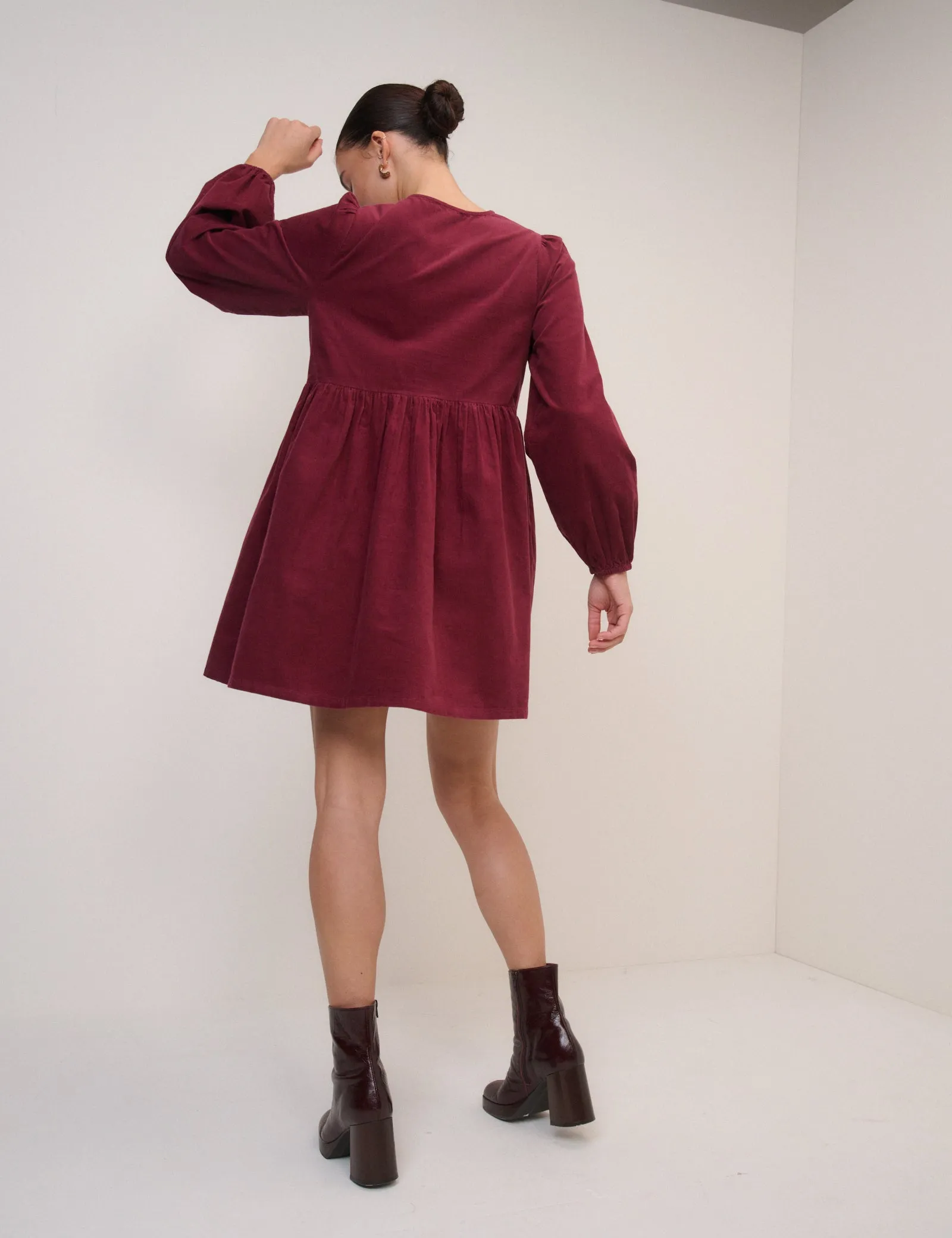 Burgundy Cord Tie Front Eden Mini Dress sold by Nobody's Child product image thumbnail 5