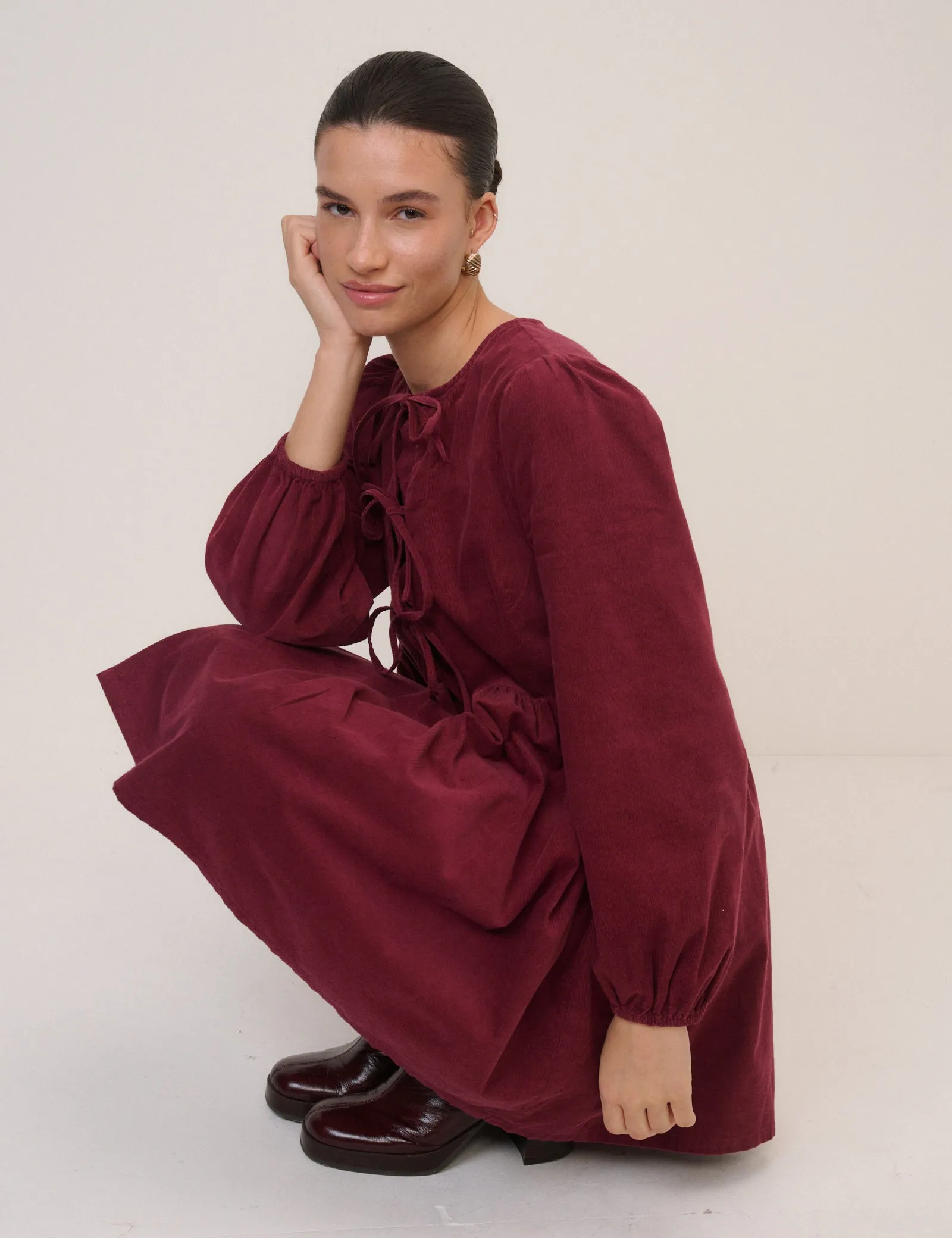 Burgundy Cord Tie Front Eden Mini Dress sold by Nobody's Child product image thumbnail 4