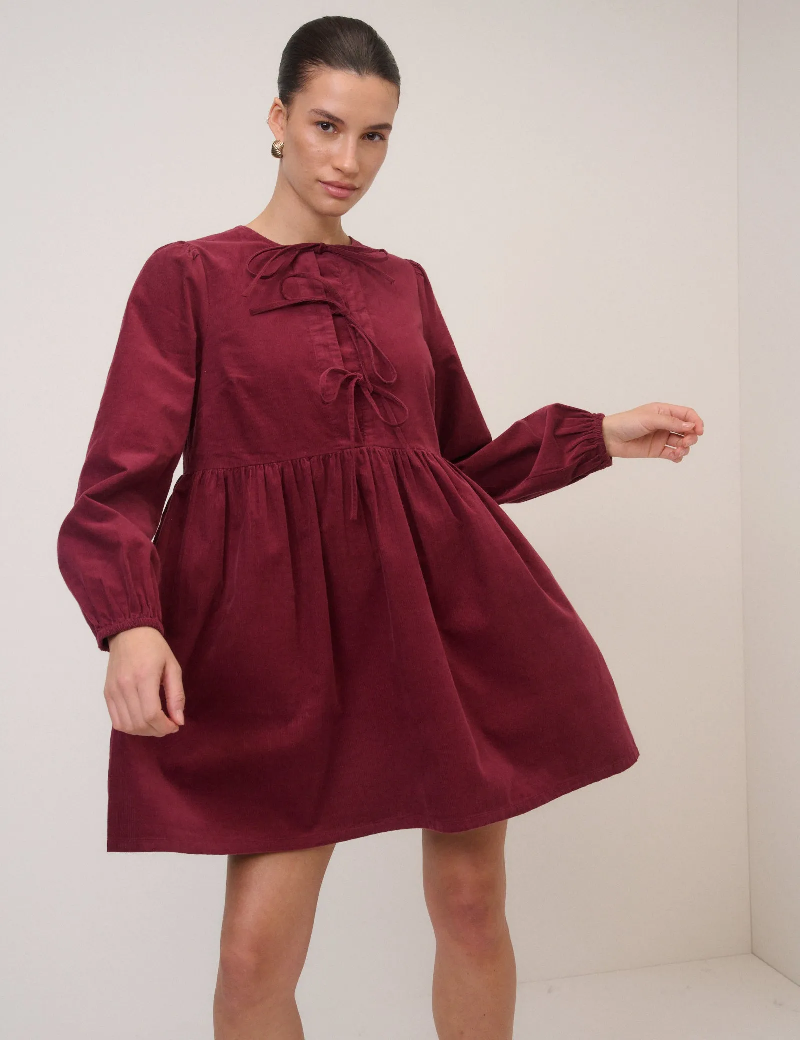 Burgundy Cord Tie Front Eden Mini Dress sold by Nobody's Child product image thumbnail 3
