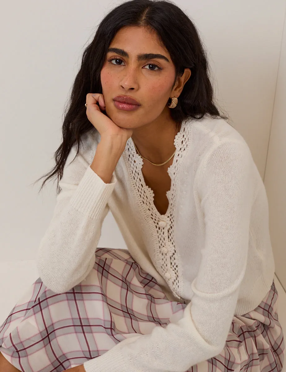 White Crochet Trim V Neck Cardigan sold by Nobody's Child product image thumbnail 2