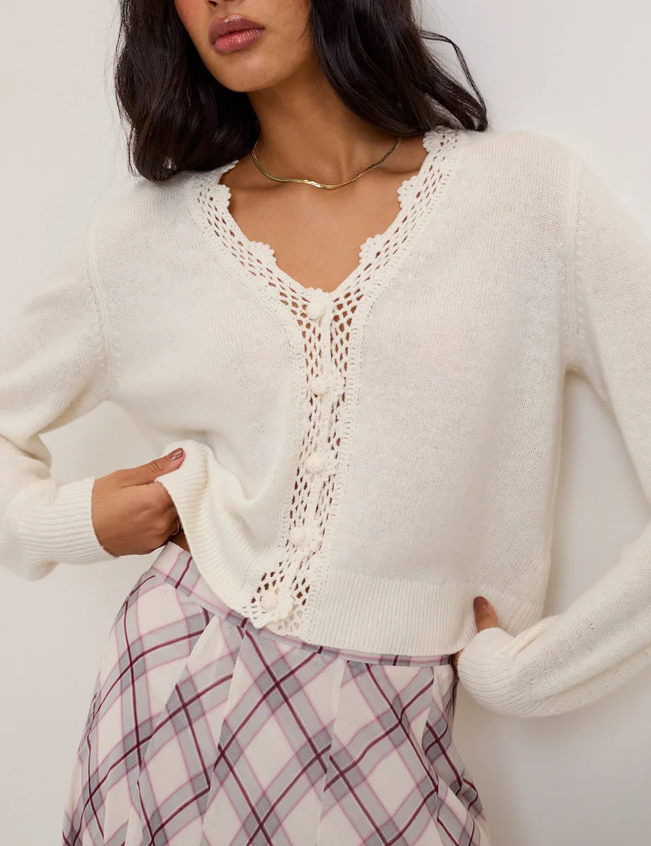 White Crochet Trim V Neck Cardigan sold by Nobody's Child