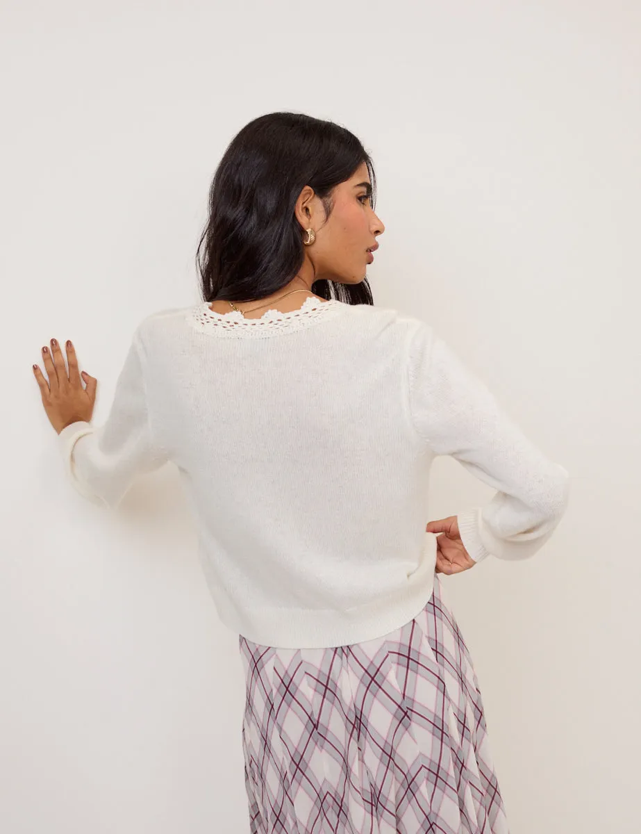 White Crochet Trim V Neck Cardigan sold by Nobody's Child product image thumbnail 5