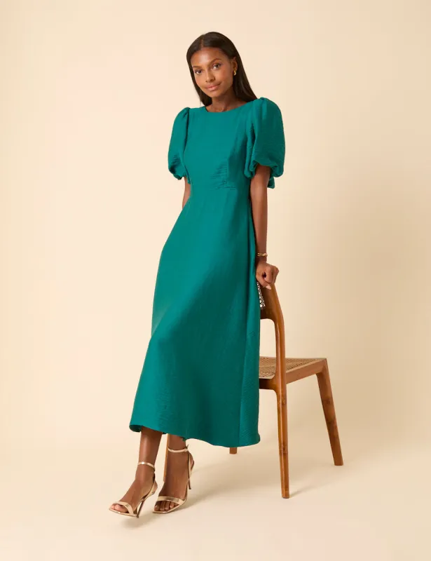 Green Puff Sleeve Zola Midi Dress sold by Nobody's Child