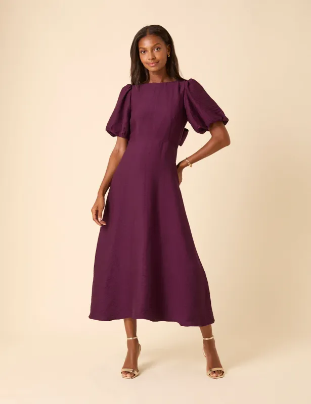 Purple Puff Sleeve Zola Midi Dress sold by Nobody's Child