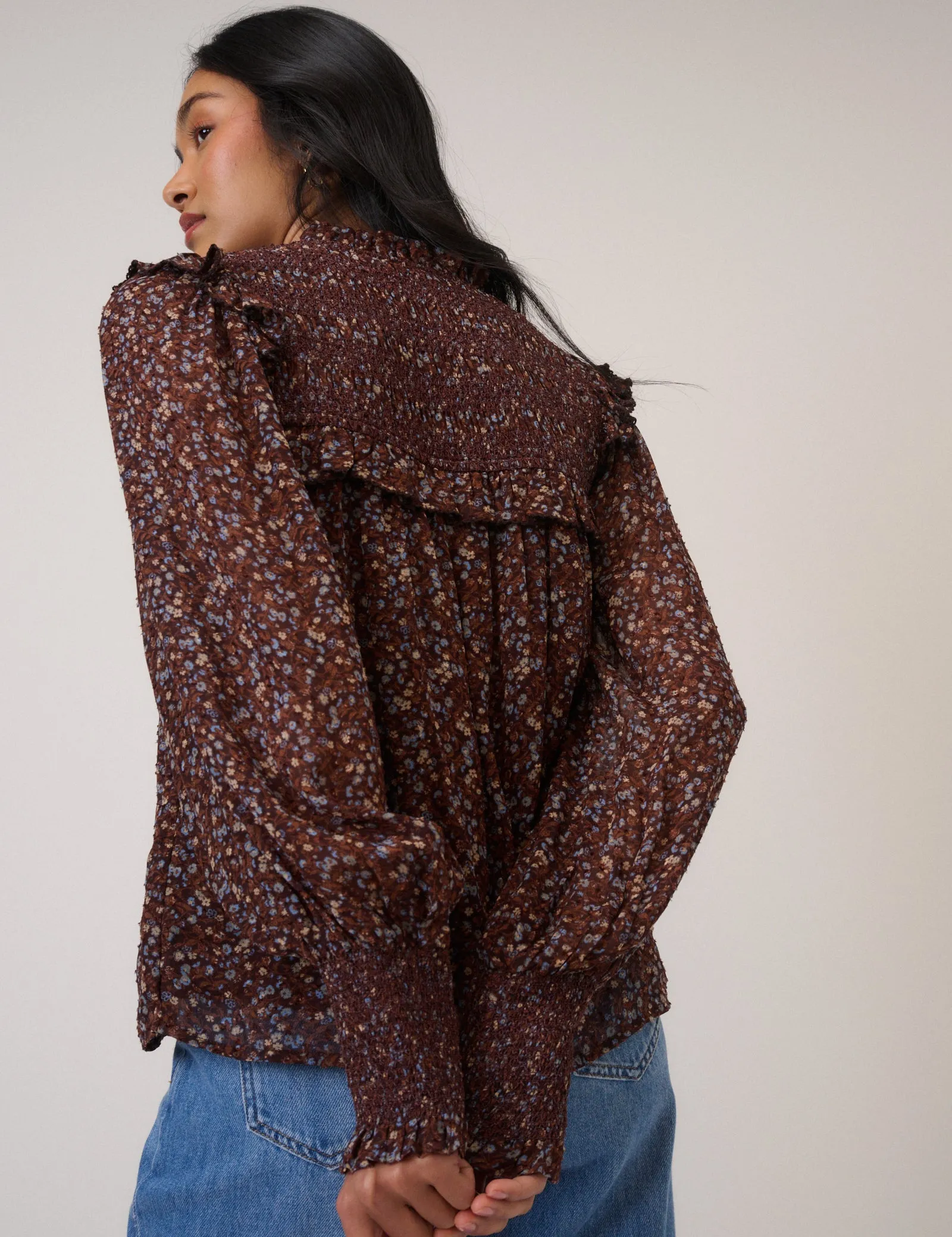 Brown Ditsy Floral Blouson Sleeve Blouse sold by Nobody's Child product image thumbnail 5