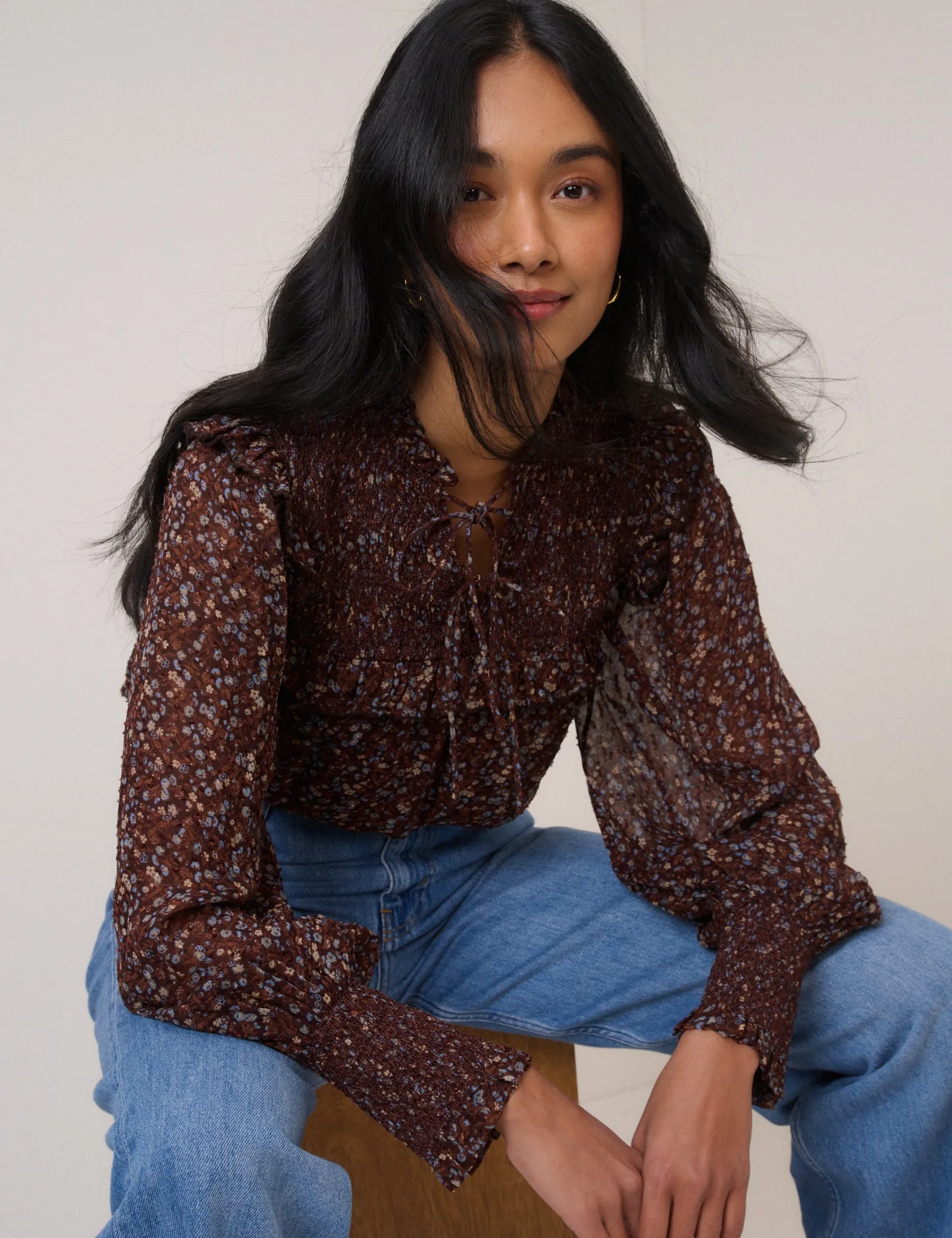 Brown Ditsy Floral Blouson Sleeve Blouse sold by Nobody's Child product image thumbnail 4