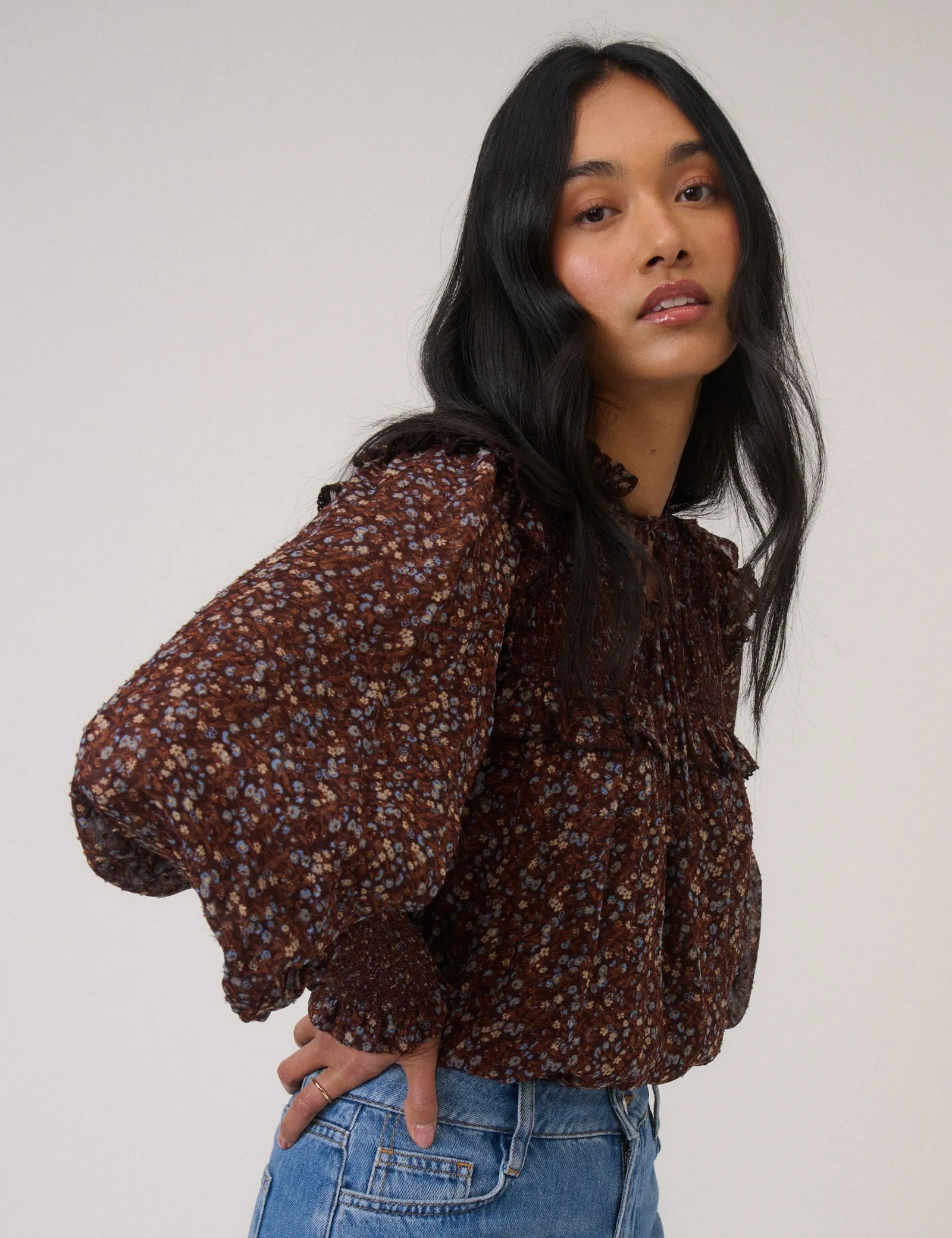 Brown Ditsy Floral Blouson Sleeve Blouse sold by Nobody's Child