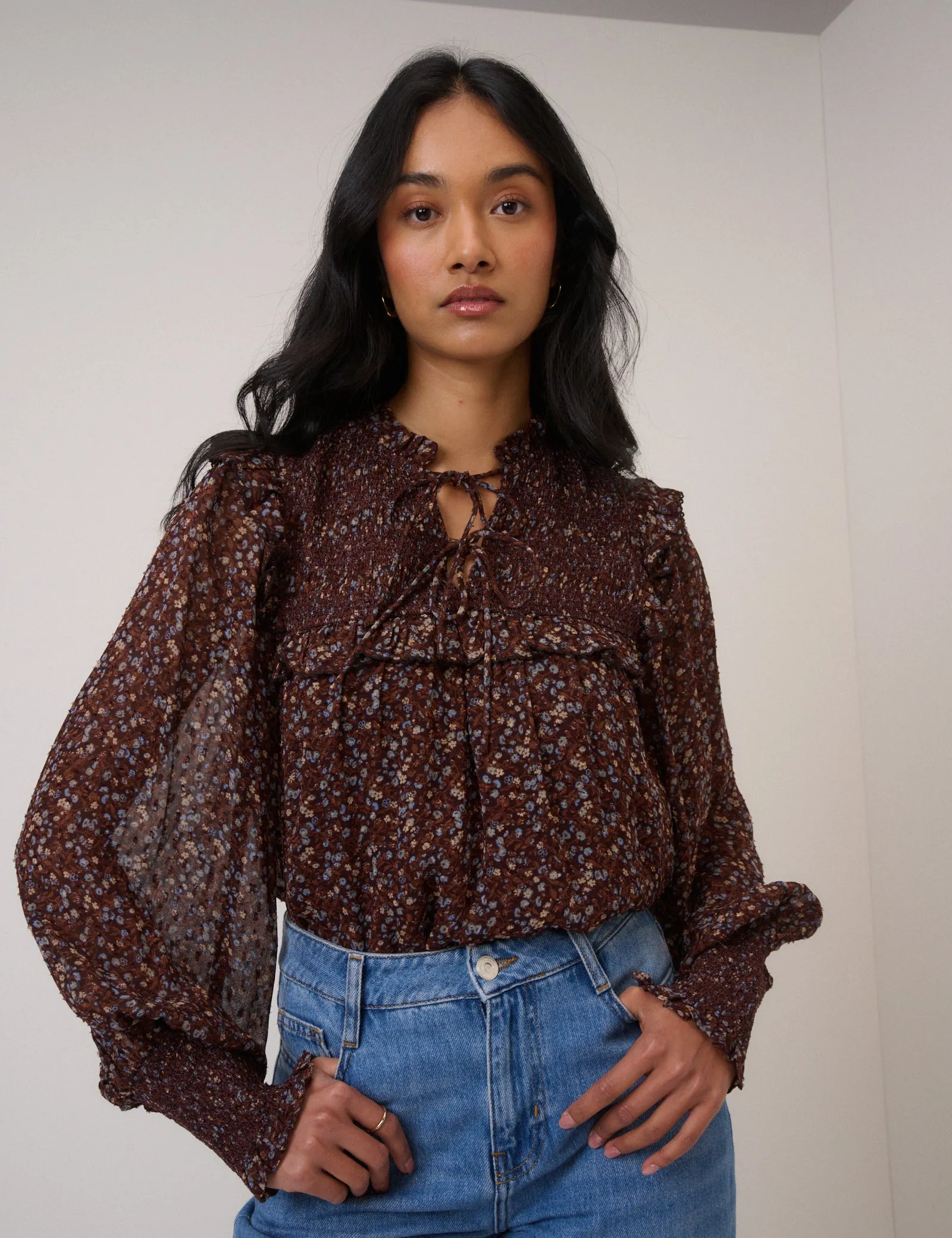 Brown Ditsy Floral Blouson Sleeve Blouse sold by Nobody's Child product image thumbnail 2