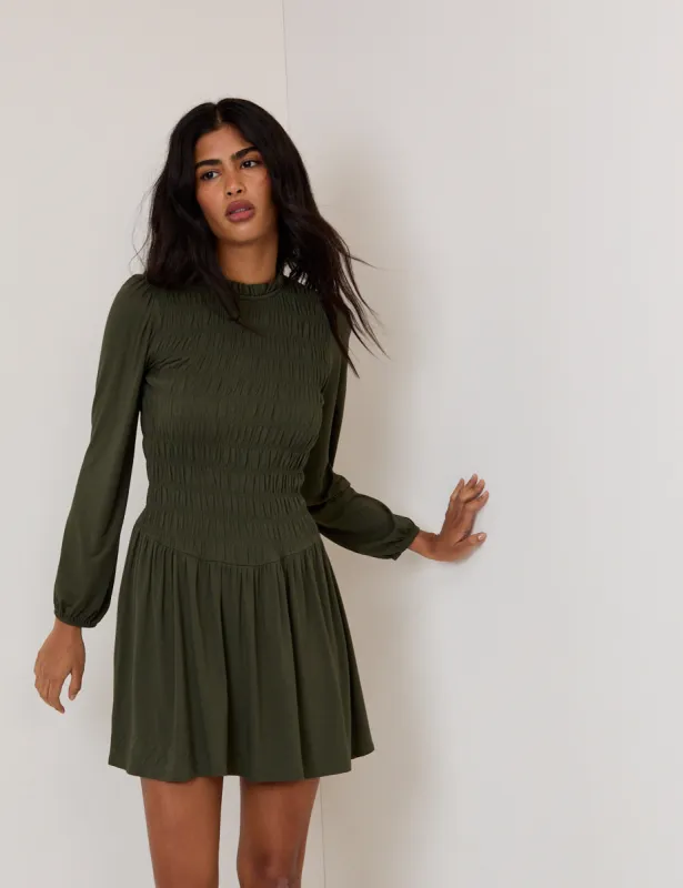 Khaki Green Ruched Siobhan Mini Dress sold by Nobody's Child